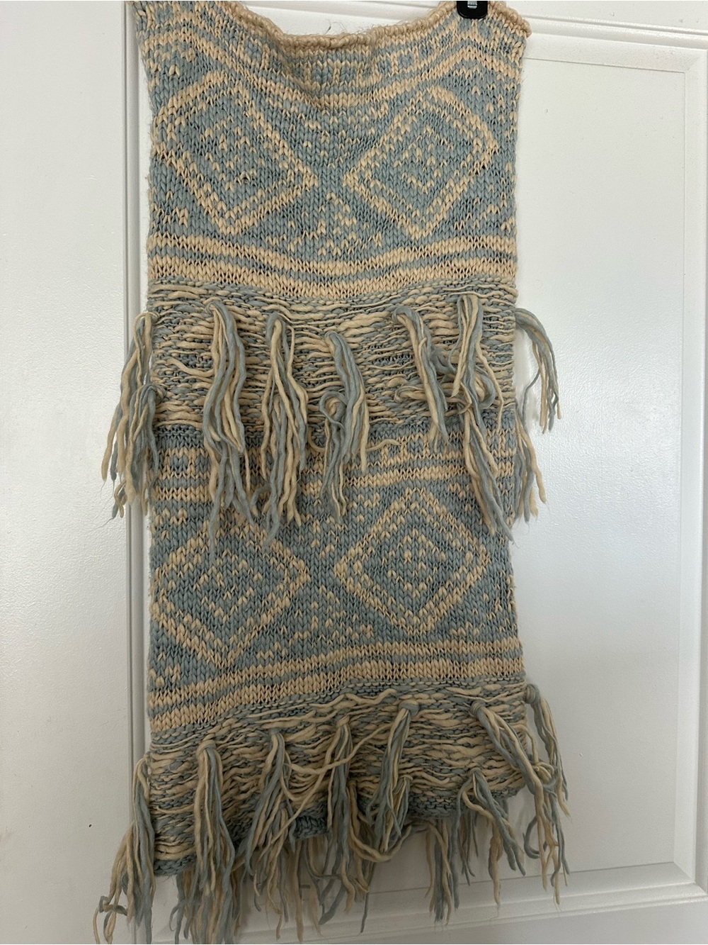 Free People Blue & Cream Diamond Knit Fringe Wrap